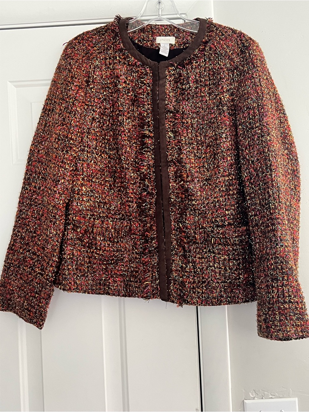 Chico's Multicolor Tweed Jacket with Brown Trim